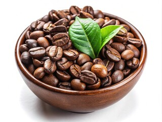Fototapeta premium A bowl overflowing with dark roasted beans, lush greenery, against pure white.