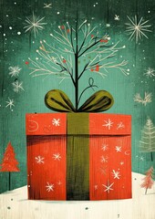 whimsical wrapped christmas gift illustration with red and green color