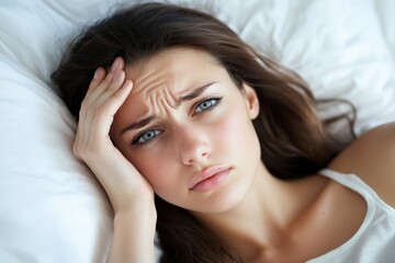 Fototapeta premium A Young Woman Expressing Deep Concern and Emotional Turmoil While Lying on Her Bed Highlighting the Struggles of Mental Health and Anxiety in Everyday Life
