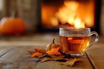 Cozy autumn. Cup of tea, pumpkins, autumn leaves on a wooden table in the background of a warm fireplace. Fall still life in the living room. with generative ai