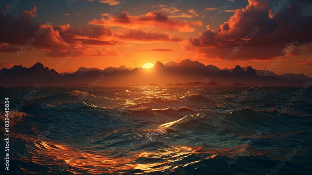 Wall mural the sun setting behind a distant mountain range with the sea in view