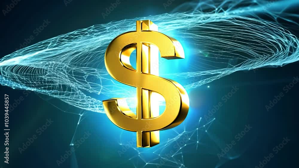 Aufkleber 3d rendering of a golden dollar sign over a blue background with a glowing blue abstract mesh patter
