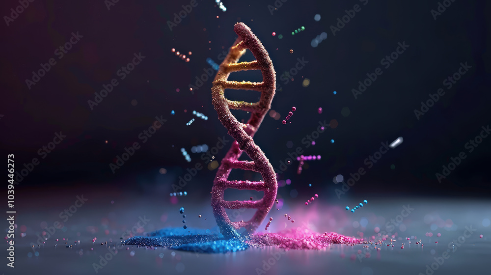 Poster colorful dna strand representation with particles floating around, showcasing beauty of genetic stru