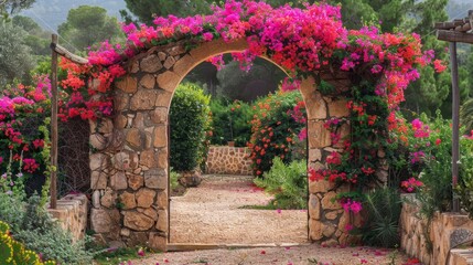 Beautiful Stone Archway with Blooming Flowers
