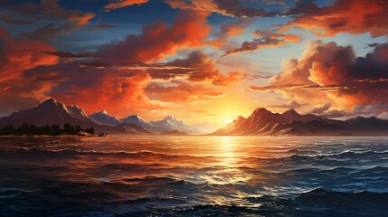 A panoramic view of a vibrant sunset over the calm sea