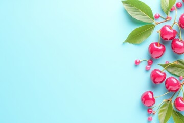 Fresh and Vibrant Cherries with Lush Green Leaves on a Soft Blue Background