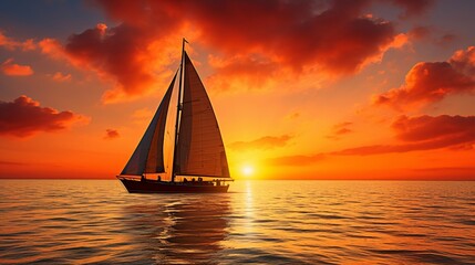 A lone sailboat silhouetted against a stunning sunset on the sea