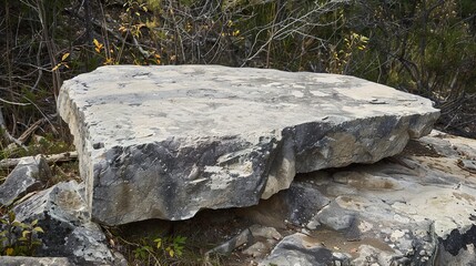 flat stone podium on a rock platform serves as a stylish showcase against a backdrop of verdant forest scenery