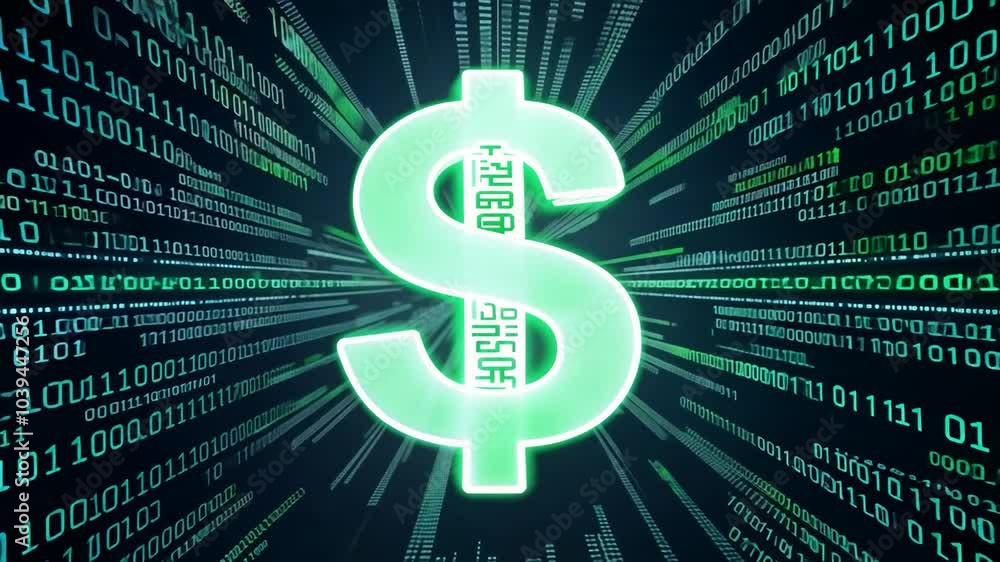 Aufkleber a glowing green dollar sign symbol is set against a black background with lines of binary code strea