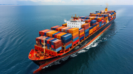 Fototapeta premium colossal cargo ship gliding through ocean, loaded with colorful containers, showcases vastness of maritime trade and transportation. serene water reflects ships impressive size and vibrant colors