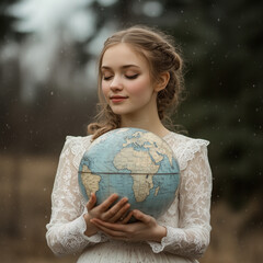 Naklejka premium The girl holds the globe of the world on the background of the globe.