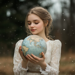 Naklejka premium The girl holds the globe of the world on the background of the globe.