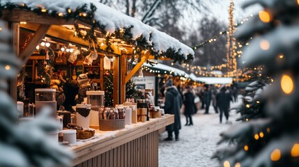 Christmas market scene with festive stalls