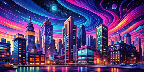 Obraz premium Abstract cityscape in neon, a geometric pop art dream.