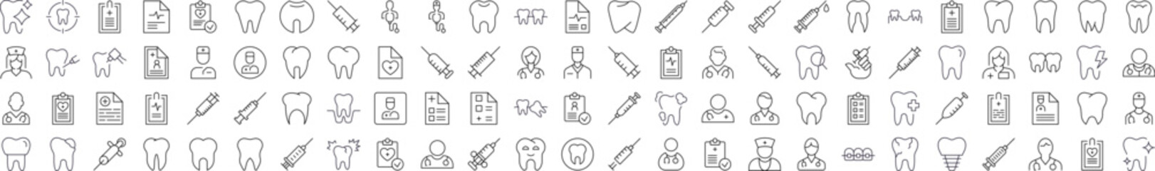 Dentist Related Outline Symbol Set. Contains Icons of Teeth, Doctor, Syringe, Prescription for Banners, Infographics, Books, Articles and Other Types of Design