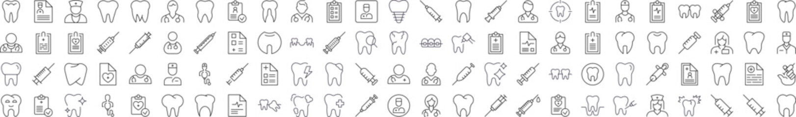Fototapeta premium Dentist Related Outline Picture Set. Contains Icons of Teeth, Doctor, Syringe, Prescription for Banners, Infographics, Books, Articles and Other Types of Design