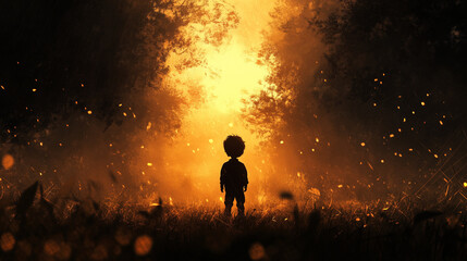 Fototapeta premium Enchanted Path: Silhouette of a Child in a Magical Forest