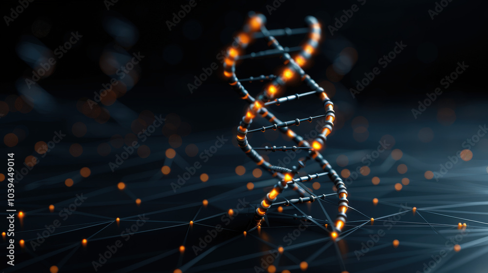 Poster detailed 3d visualization of dna molecule, showcasing its intricate structure with glowing elements.