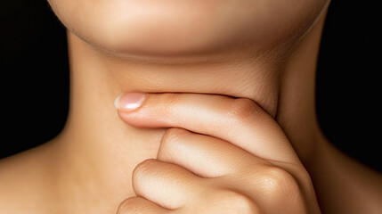 首の脂肪をつまむ30代女性.