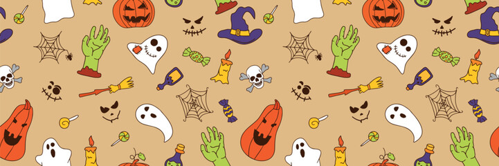 Seamless pattern for Halloween hand drawn doodles and engravings. Fun, cute illustration for seasonal design, textile, kids playroom decoration or greeting card. Vector