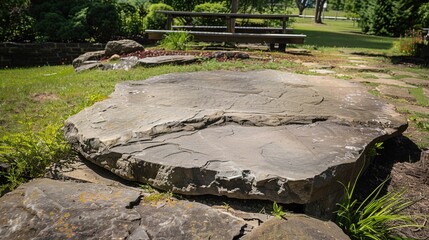 flat stone podium on a rock platform serves as a stylish showcase against a backdrop of verdant forest scenery