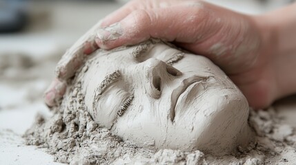  A person shapes a sand sculpture of a head with their hands on top