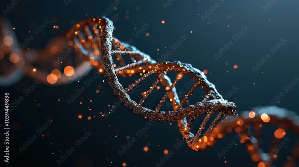 Poster digital hologram of dna double helix floating in dark background, illuminated by glowing particles, 