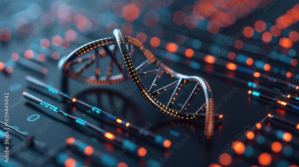 Poster digital hologram of dna double helix is prominently displayed against backdrop of glowing data patte