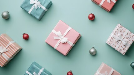 Festive Gift Boxes with Ornaments on Blue Background
