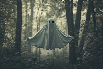 Ghost in a sheet floating in the air in the forest with Scary Background with generative ai