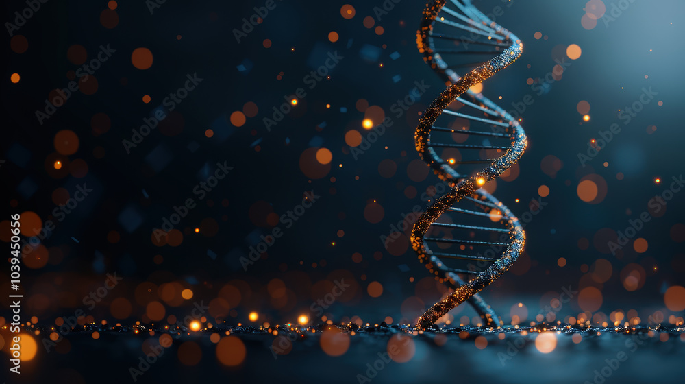 Poster dna helix spirals upward, surrounded by glowing energy and shimmering particles, creating captivatin