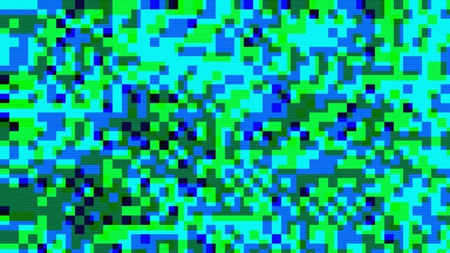 Abstract pixelated interlaced green blue 8 bit cyber retro game Glitch TV Static pixel Noise animation texture background. Futuristic glitched cyberpunk, rave 90s 2000s aesthetic, lo-fi chiptune style