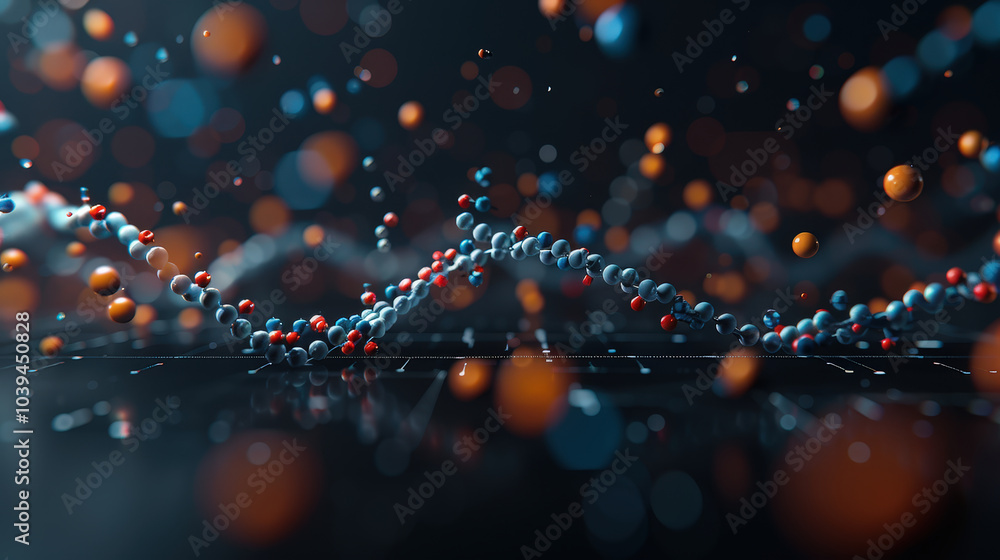 Poster digital representation of dna strand with colorful molecular structures in lab environment, showcasi