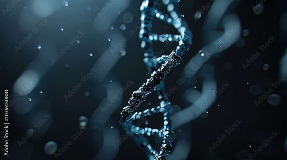 Poster digitally generated dna strand with holographic effect, surrounded by floating particles, creates me