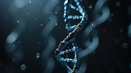 digitally generated DNA strand with holographic effect, surrounded by floating particles, creates mesmerizing visual representation of genetic material. intricate details and shimmering elements