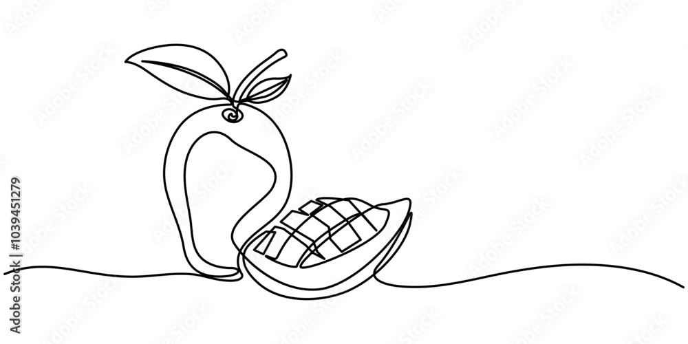 Poster continuous single line sketch drawing of whole and sliced mango fruit. editable stroke one line of t