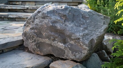 flat stone podium on a rock platform serves as a stylish showcase against a backdrop of verdant forest scenery