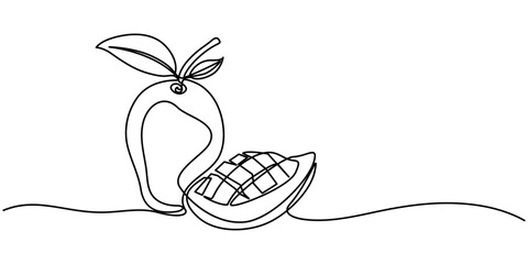 Continuous single line sketch drawing of whole and sliced mango fruit. Editable stroke one line of tropical fresh fruit vector illustration, Single one line drawing of half sliced healthy organic