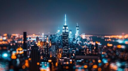 Fototapeta premium vibrant cityscape featuring towering skyscrapers illuminated at night, showcasing iconic skyline with bright lights and dynamic atmosphere