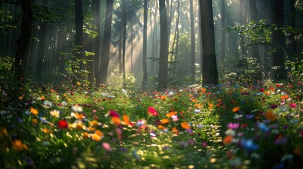 Sunlit Forest Clearing with Vibrant Wildflowers