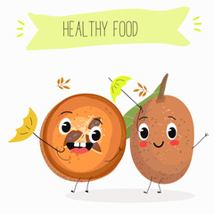 Cute sapodilla characters, funny fruits, different activities. Flat vector illustration. Organic food, healthy food, illustrations for kids menu, invitations.