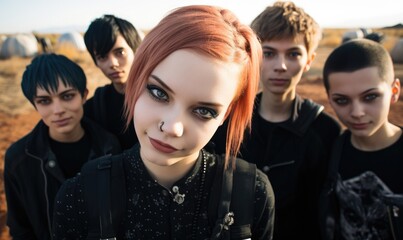 Obraz premium A selfie photo of a diverse group of young people posing together outdoors.