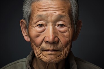 Obraz premium A powerful portrait of an elderly Asian man with deep wrinkles and a thoughtful expression.