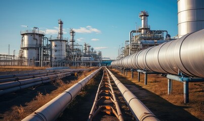 Naklejka premium A large oil and gas pipeline system under a clear blue sky, showcasing industrial infrastructure.