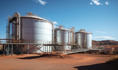 Obraz premium Large steel tanks at a hydrogen power plant surrounded by desert landscape under a clear blue sky.