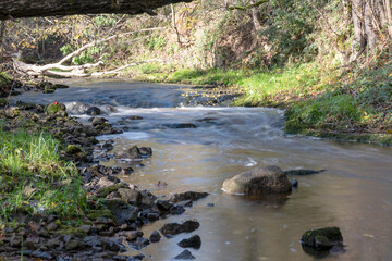 fast river between stones, stream of water passes the stone, ecology in the river, beautiful natural environment as background, blurred stream of water