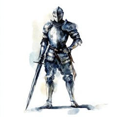 watercolor painting of a knight in shining armor holding a sword, on isolated white background