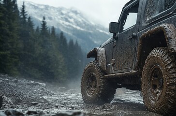 an off-road vehicle is driving on muddy mountain roads, with forest and mountains in the background
