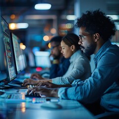 Group of developers coding collaboratively at a stylish table in a tech office