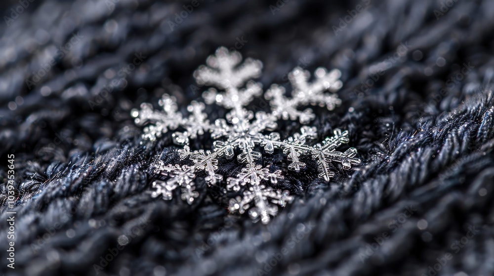 Poster snowflake macro shot on dark fabric background